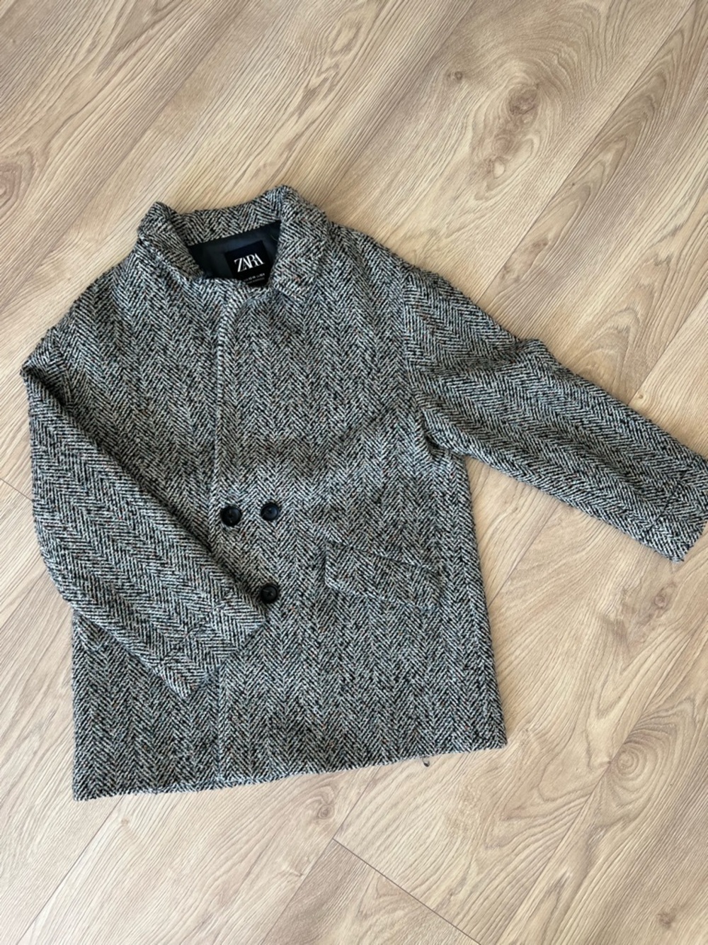 ZARA Girls Black & White Herringbone Pea Coat